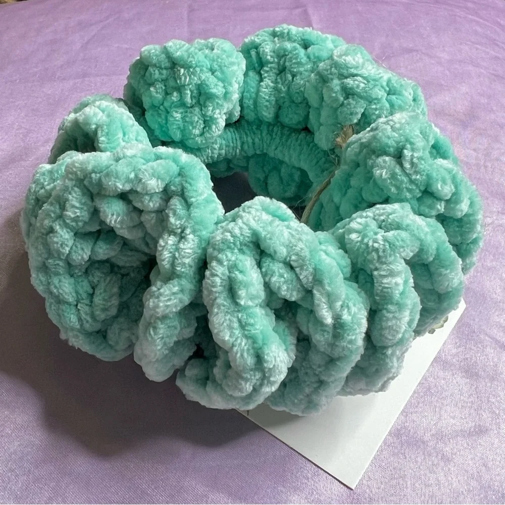 Handmade VELVET Pastel Aqua Green Crochet Scrunchie Chunky Oversized Hair Tie